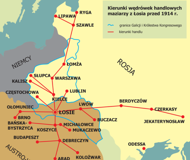 Mapa kierunków wędrówek handlowych do 1914 r.