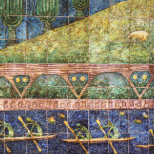 Fragment mozaiki ceramicznej z kajakarzami