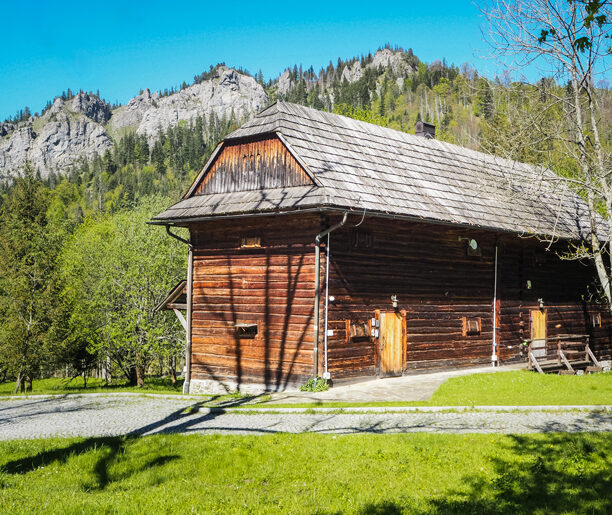 Drewniany budynek w Kuźnicach: Zdjęcie drewnianego budynku w stylu zakopiańskim, położonego na tle górskiego krajobrazu z zielonymi łąkami i drzewami.
