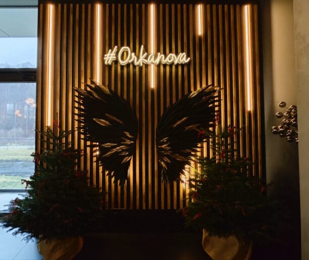 Ściana z drewnianymi listwami i skrzydłami jako dekoracja, z neonowym napisem 